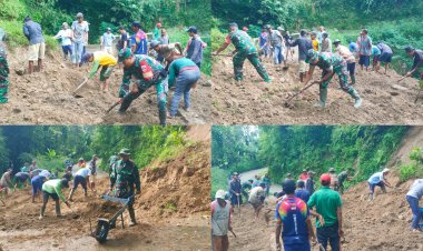 Tiga Babinsa Musuk Bantu Warga Bersihkan Longsor di Boyolali 