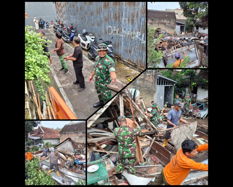 Koramil Serengan dan Warga Gotong Royong Bersihkan Rumah Roboh